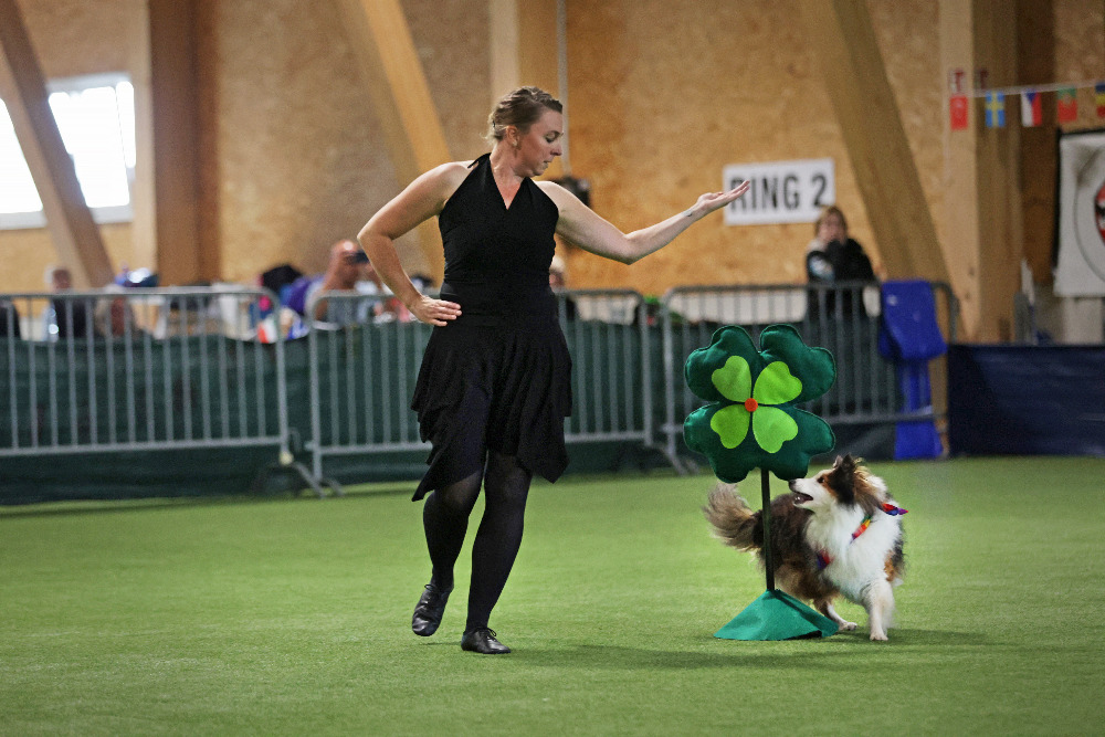 Sheltie en eigenaar doen dogdance tijdens de Open European Championships in Zwitserland